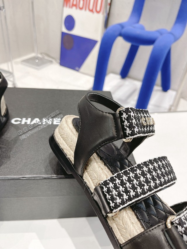 Chanel香奈兒2022春夏最新款打臘麻繩工藝涼鞋 魔術貼女款沙灘涼鞋 dx2657